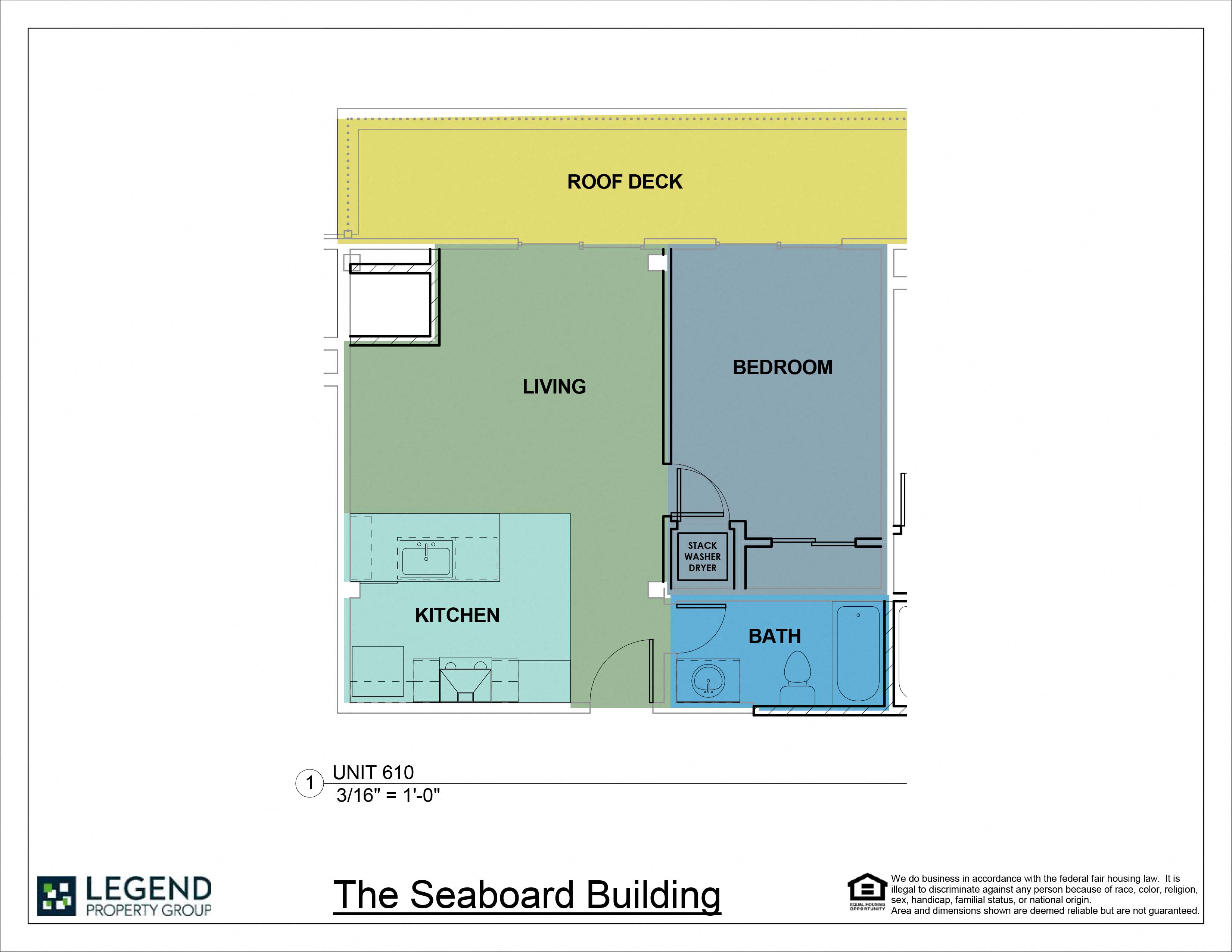 Floor plan for 1 bed, 1 bath, 593 sqft